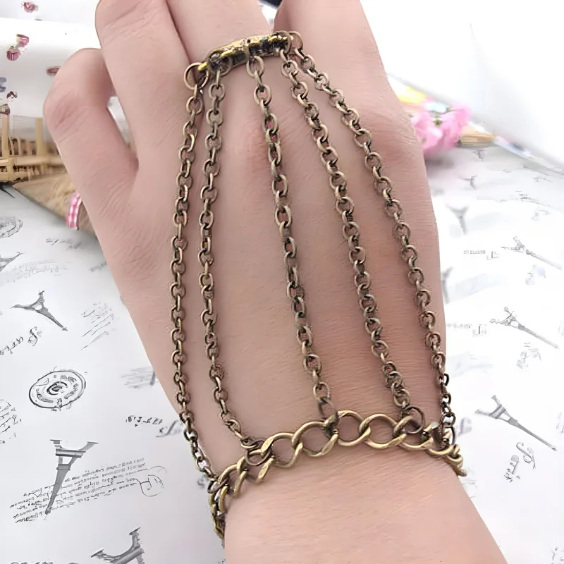 Fashion Brass Metal Multi 5 Chain Linked Bracelet & Ring to Wrist Set Size 6 7 Cool Punk Womens Retro Jewelry Accessories