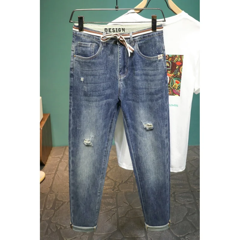 2024 Spring and Summer Retro Blue Ripped Jeans Men's Fashionable High-End Fashion Brand Casual Slim Thin Stretch Trousers
