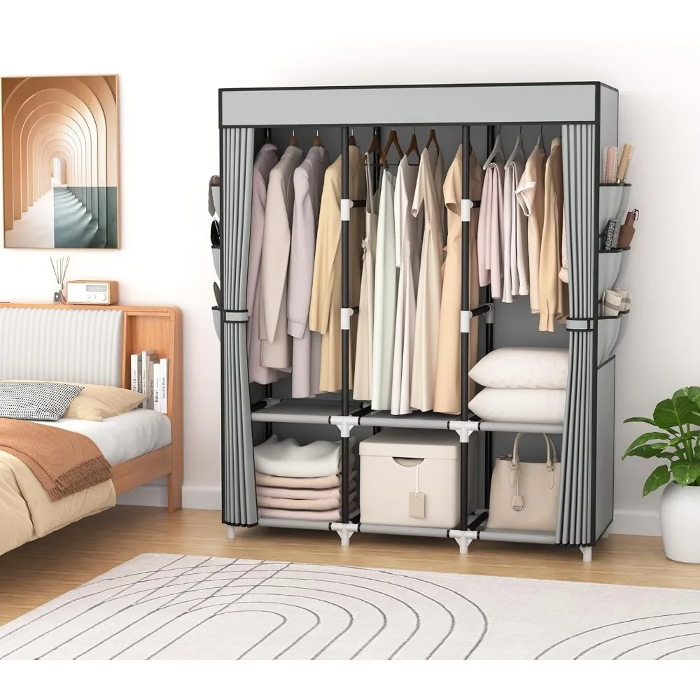 Cloth Wardrobe Clothes Closet with Cover, 3 Hanging Rods, 6 Storage Shelves and Side Pockets, Cloth Wardrobe