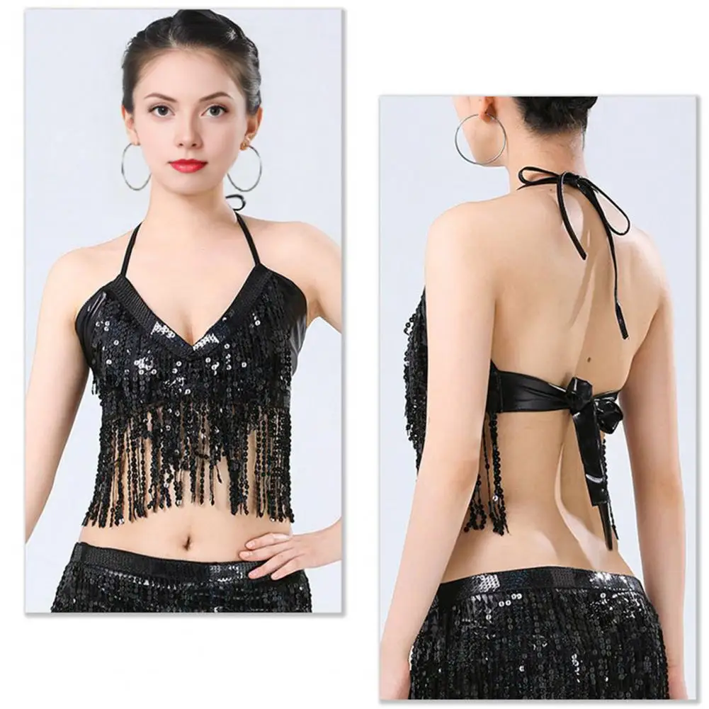 Sequin Stage Outfit Sparkling Sequin Belly Dance Tops for Women Festival Carnival Attire with Fringe Detail Rave Party for Girls