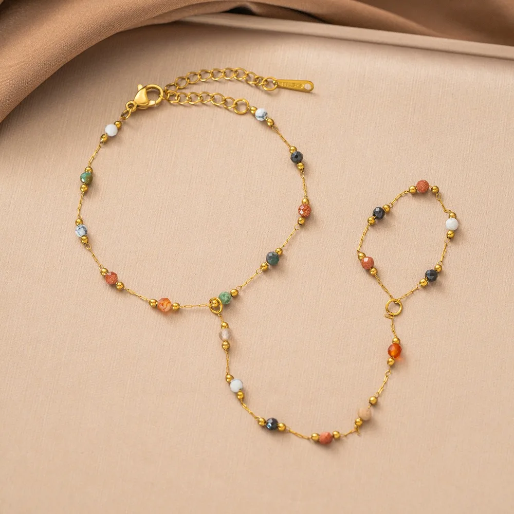Sweet Floral Colorful Crystal Beaded Flower Stainless Steel Gold Color Finger Wrist Integrated Chain Bracelet for Women Jewelry
