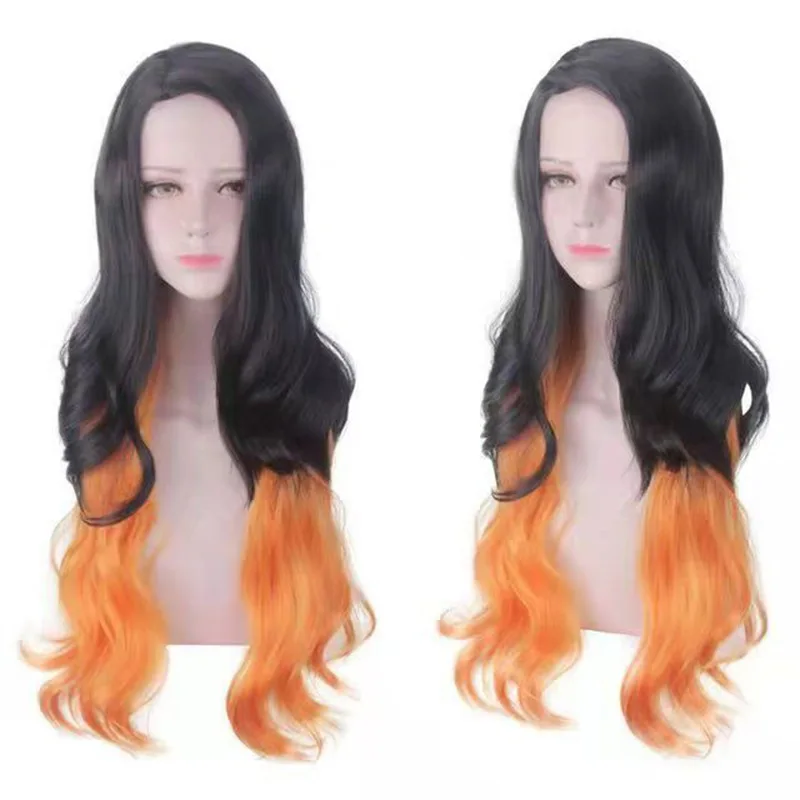 Cosplay Wig For Nezuko Kamado Gradual Black And Orange Natural Female Side Part Long Curly Hair Style