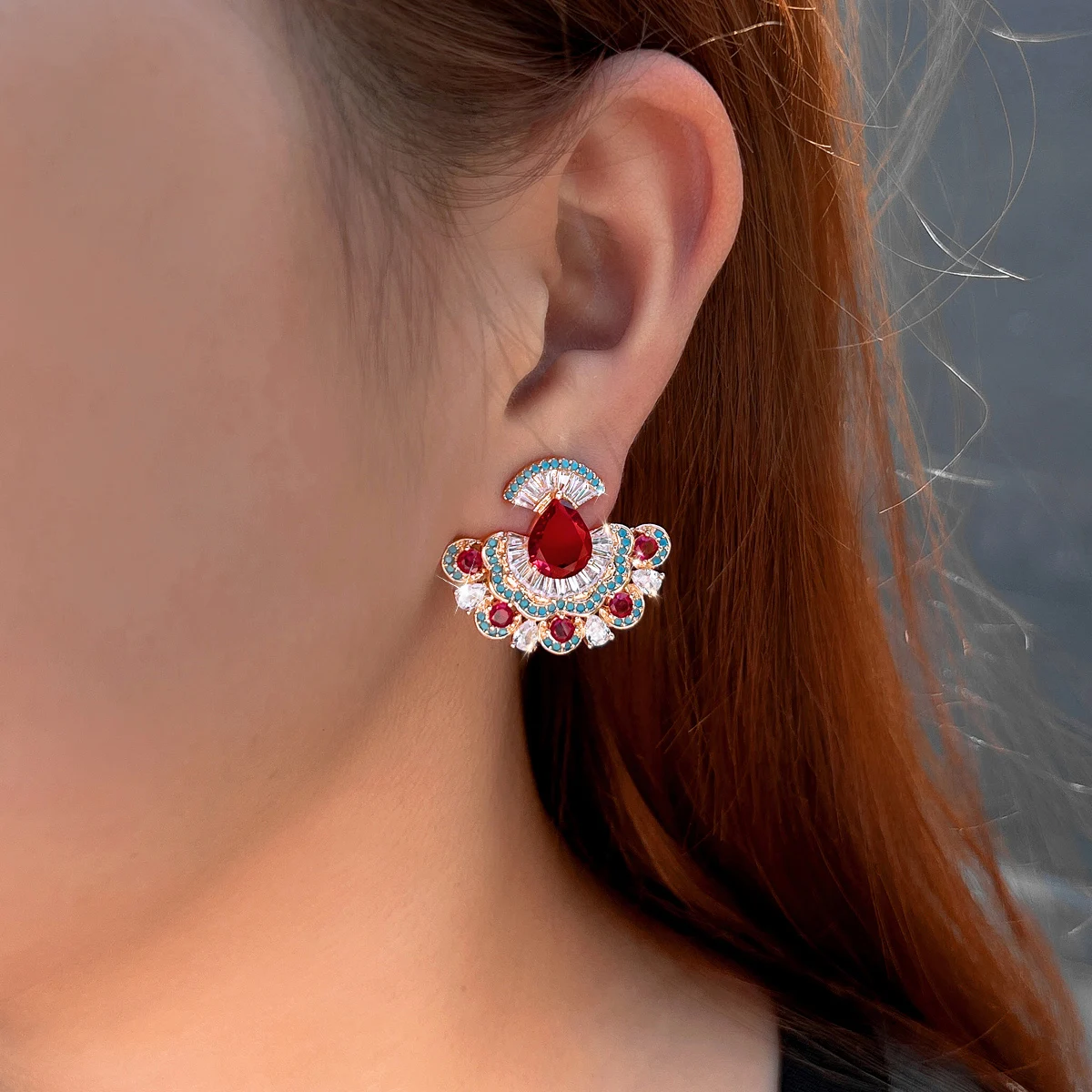 BeaQueen Vintage Red CZ Zircon and Blue Turquoise Big Sector Design Drop Earrings for Women Bohemian Wedding Party Jewelry E1178