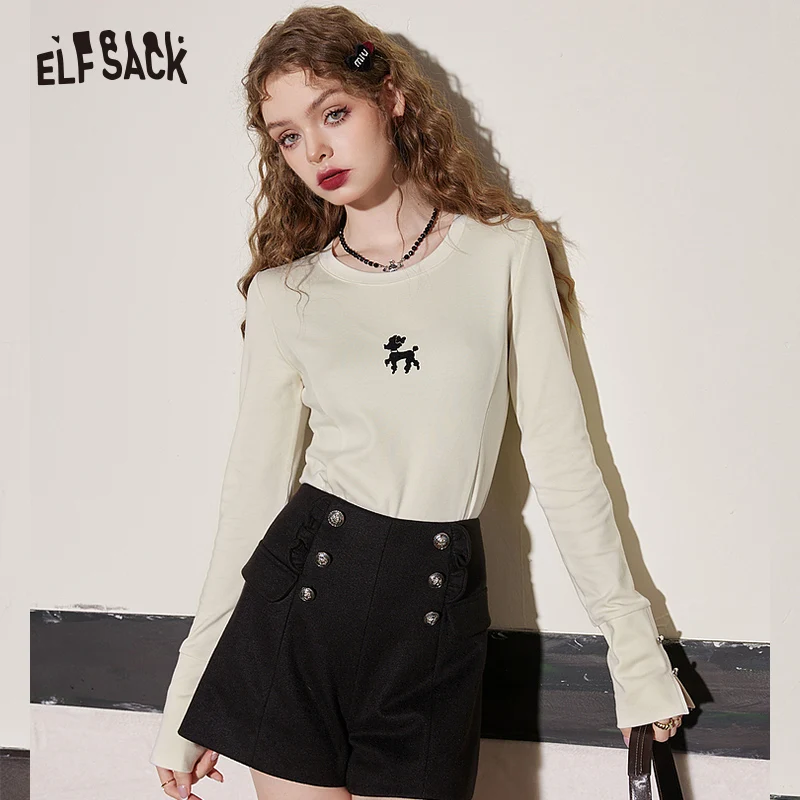 

ELFSACK Slim Beige Woman 2023 Winter Printing Dog Knitwears T-Shirts