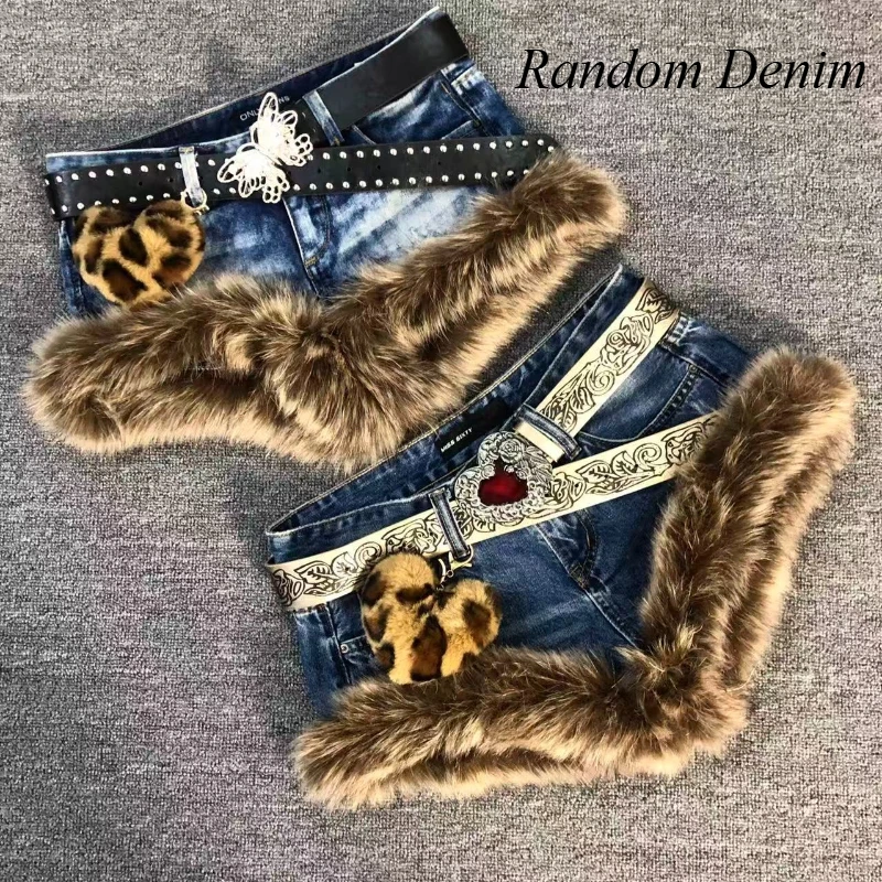 Amerikanische Vintage Braune Kunstfell-Patchwork-Shorts Zufälliger Denim Y2k Retro Slim Low Waist Denim-Shorts Damen Casual Streetwear