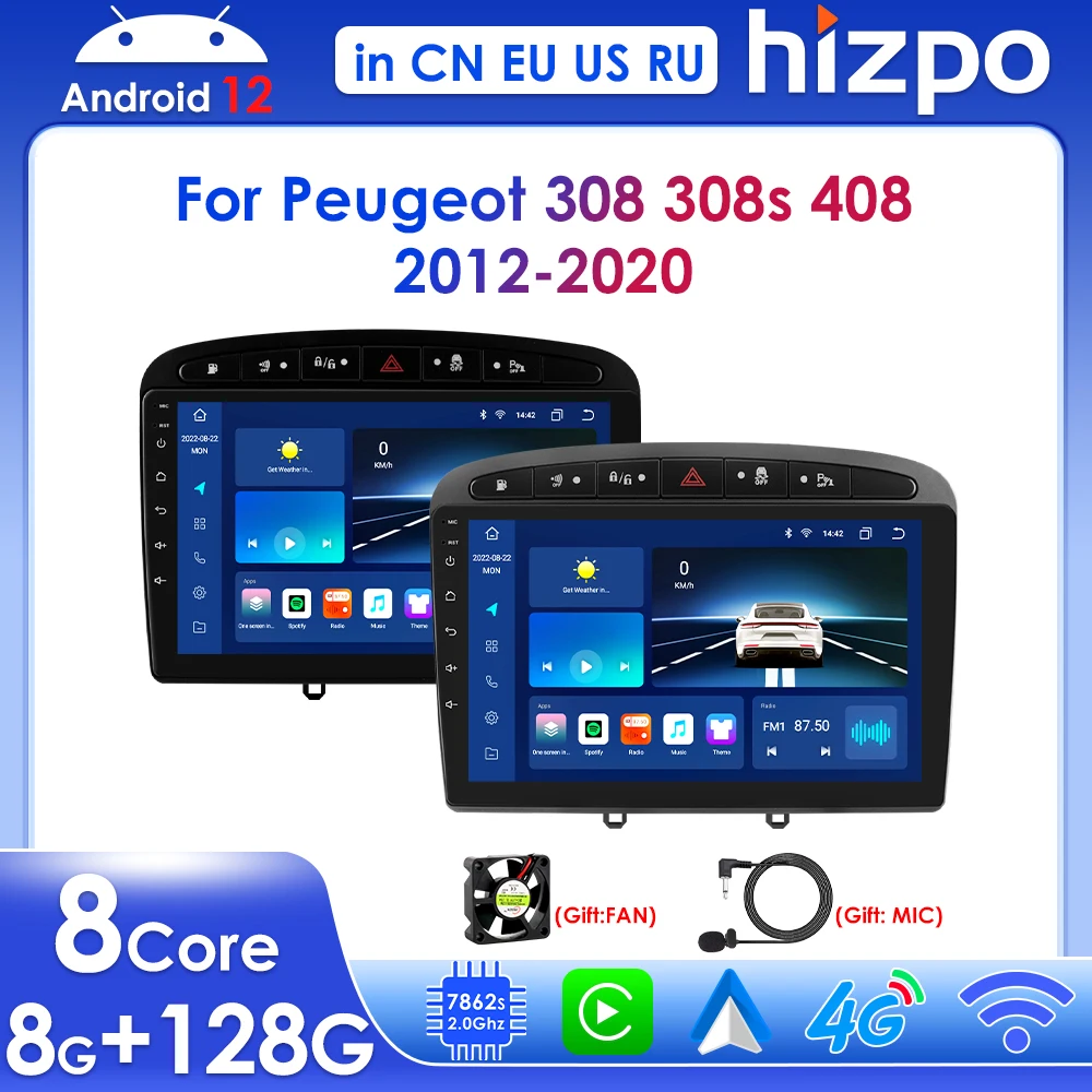 

Hizpo 2 Din Carplay Android 12 UIS7862 for Peugeot 308 308S 408 2012-2020 Car Radio Multimedia Player GPS Navi Stereo BT SWC RDS