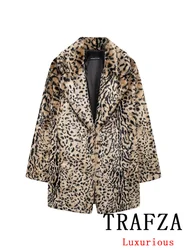 TRAFZA Vintage Casual Chic Leopard Women Jackets Faux Fur Loose Long V-Neck Coat New Fashion 2024 Autumn Winter Thick Warm Coats