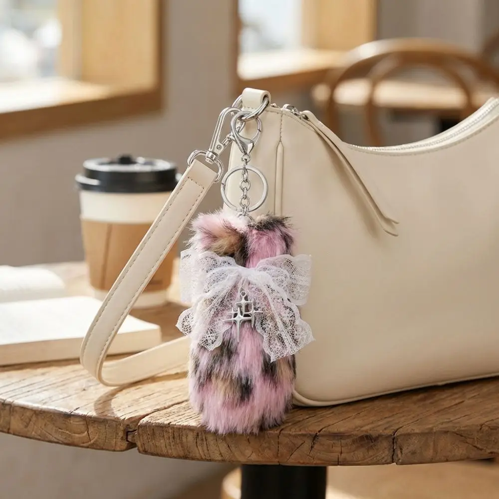 New Y2K Style Fluffy Tail Keychain Leopard Print DIY Bag Charm Soft Gift Key Holder Backpack Decoration