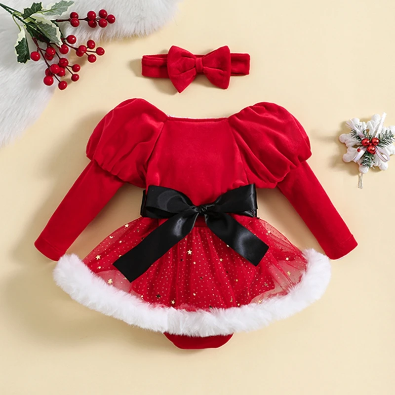 RUIBBWAN Infant Baby Girls Christmas Romper Dress Velvet Ruffle Long Sleeve Patchwork Sequin Star Tutu Jumpsuit with Bow