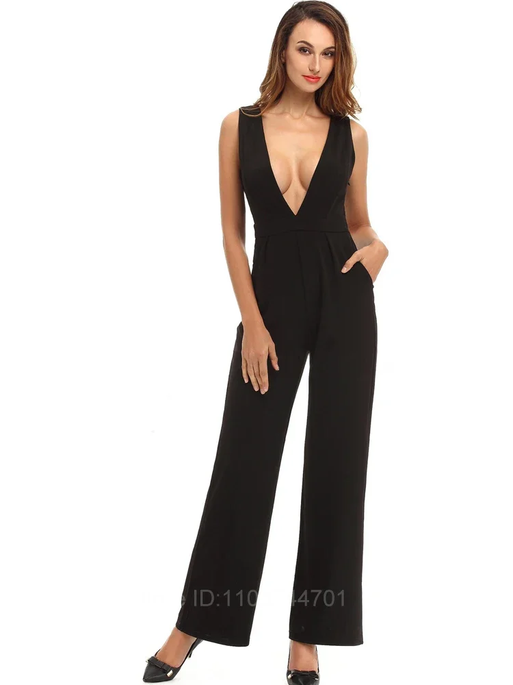 Women's Fashion High Waist Commuter Jumpsuit V-neck Sleeveless Personalized Solid Color Simple Pants Monos Para Mujer