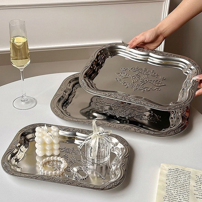 

Stainless Steel Rectangular Tray With Embossed Design For Kitchen Living Room Storage Durable Fruit Snack Cake Serving Dish