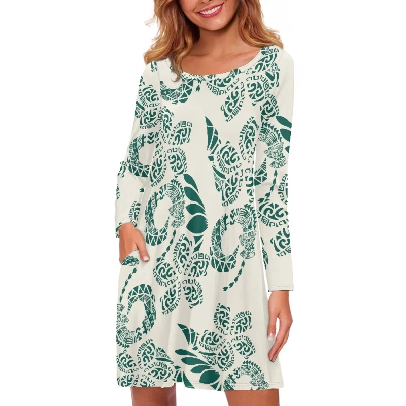 Dresses For Women 2022 Fall Office Lady Polynesian Tribal Beige Green Sublimation Print Casual Knee-Length Vestido With 2 Pocket