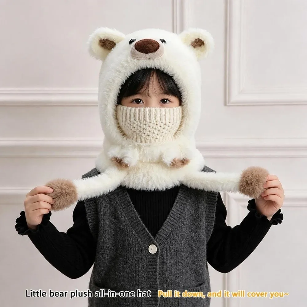 3-in-1 Design Winter Balaclava Hat Polyester 49cm to 54cm Head Circumference Ear Flap Hood Hat Warm Lining 4-10Years Bear Hat