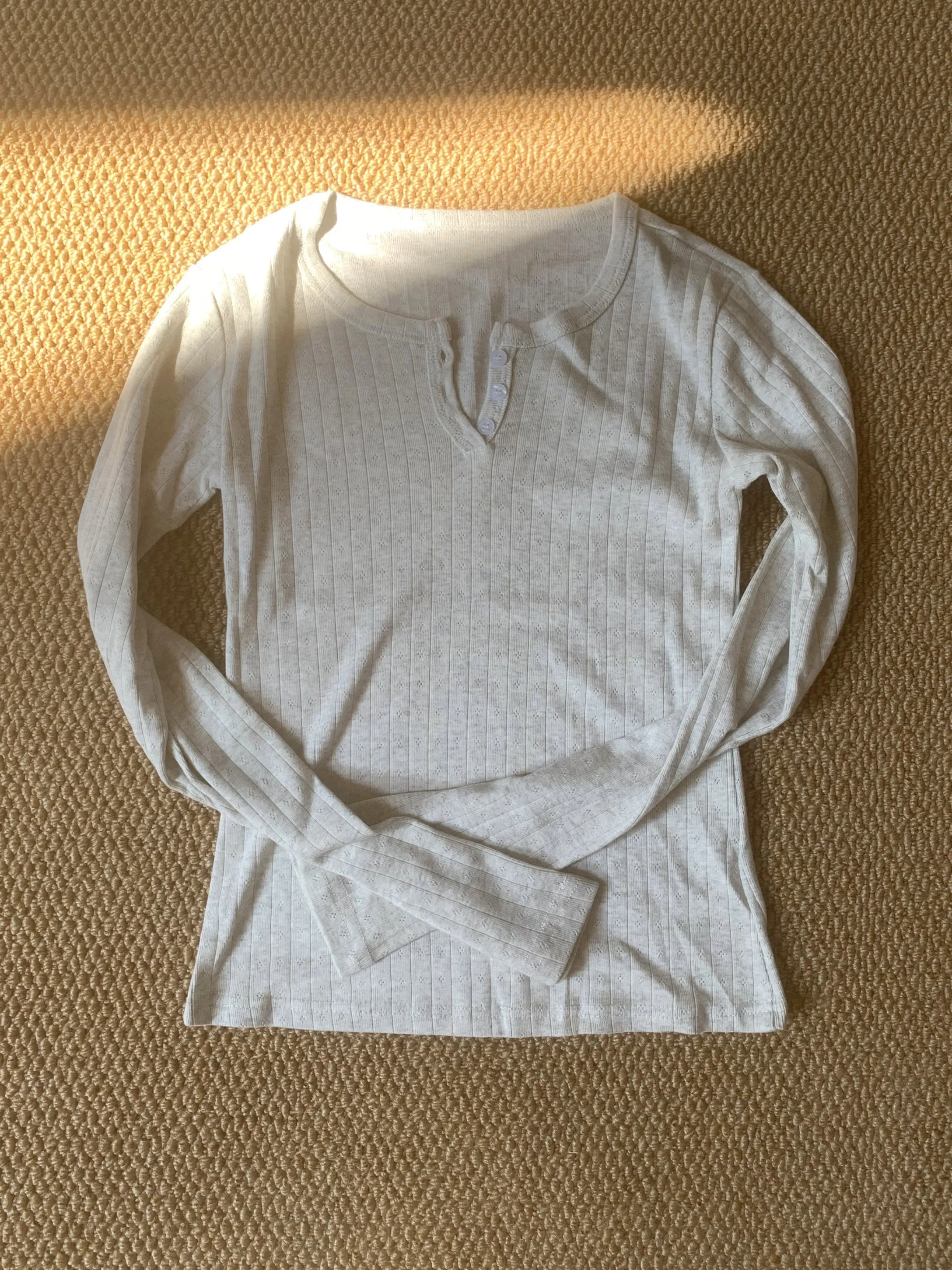 Light Grey Eyelet T-shirt Pant Pajama Set Woman Buttons Long Sleeve Tee+Elastic Waist Straight Trousers Cotton Home 2 Piece Sets