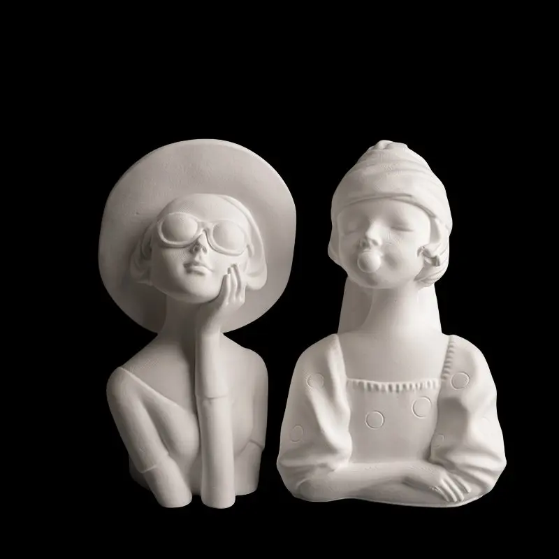 European Girl Sculpture Plaster Ornament White Figurine Small Statue Living Room Wine Cabinet Artistic Bubble Woman Decoration