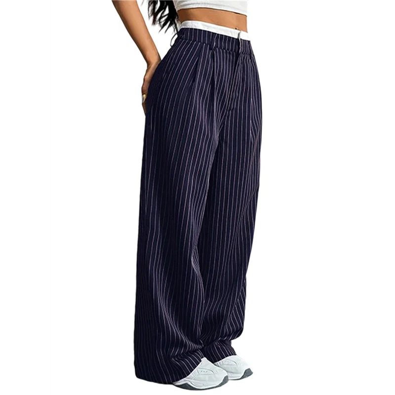

ABYN-Womens Baggy Wide Leg Pants Casual Stripe Elastic Waisted Palazzo Harem Pants With Pockets Blue XXL