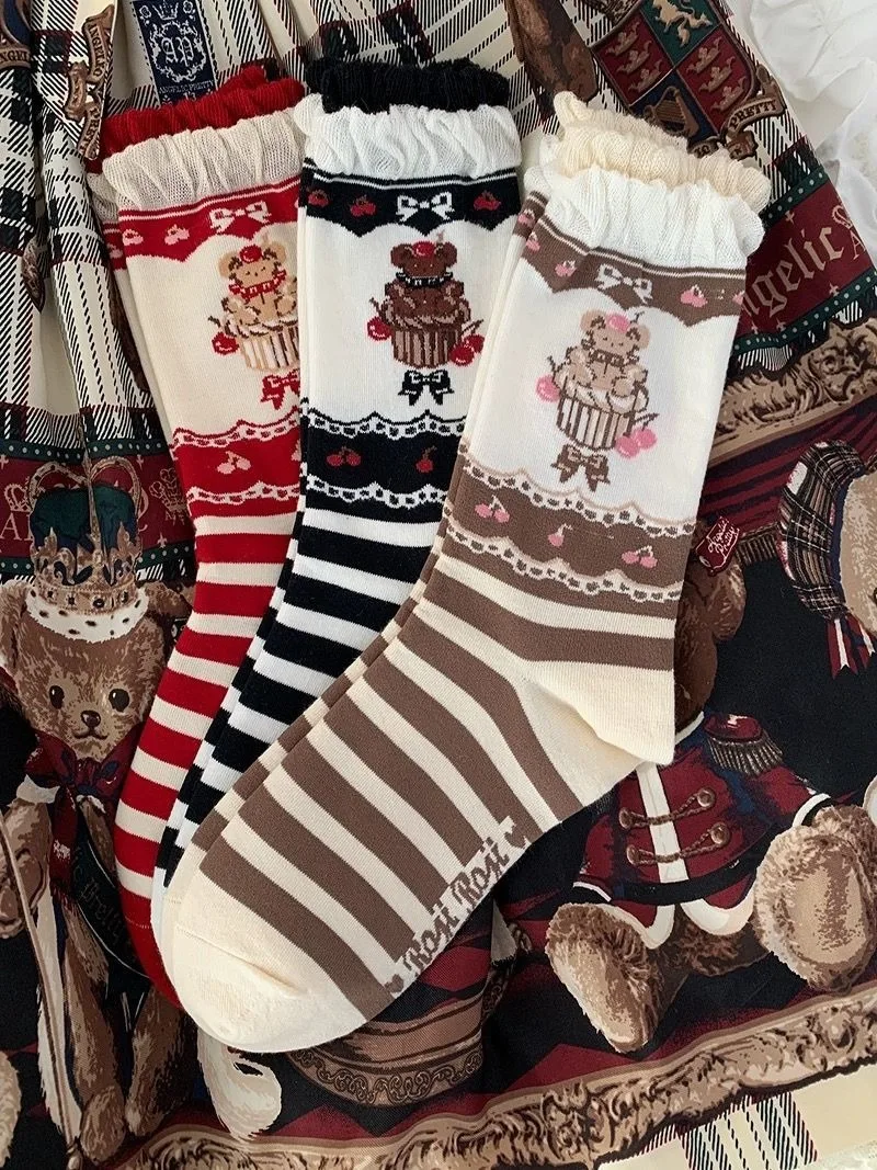 Japanese Cartoon Bear Cake Pure Cotton Lolita Socks Women's Uniform Tube Socks Stovepipe Socks 2025 Spring Autumn