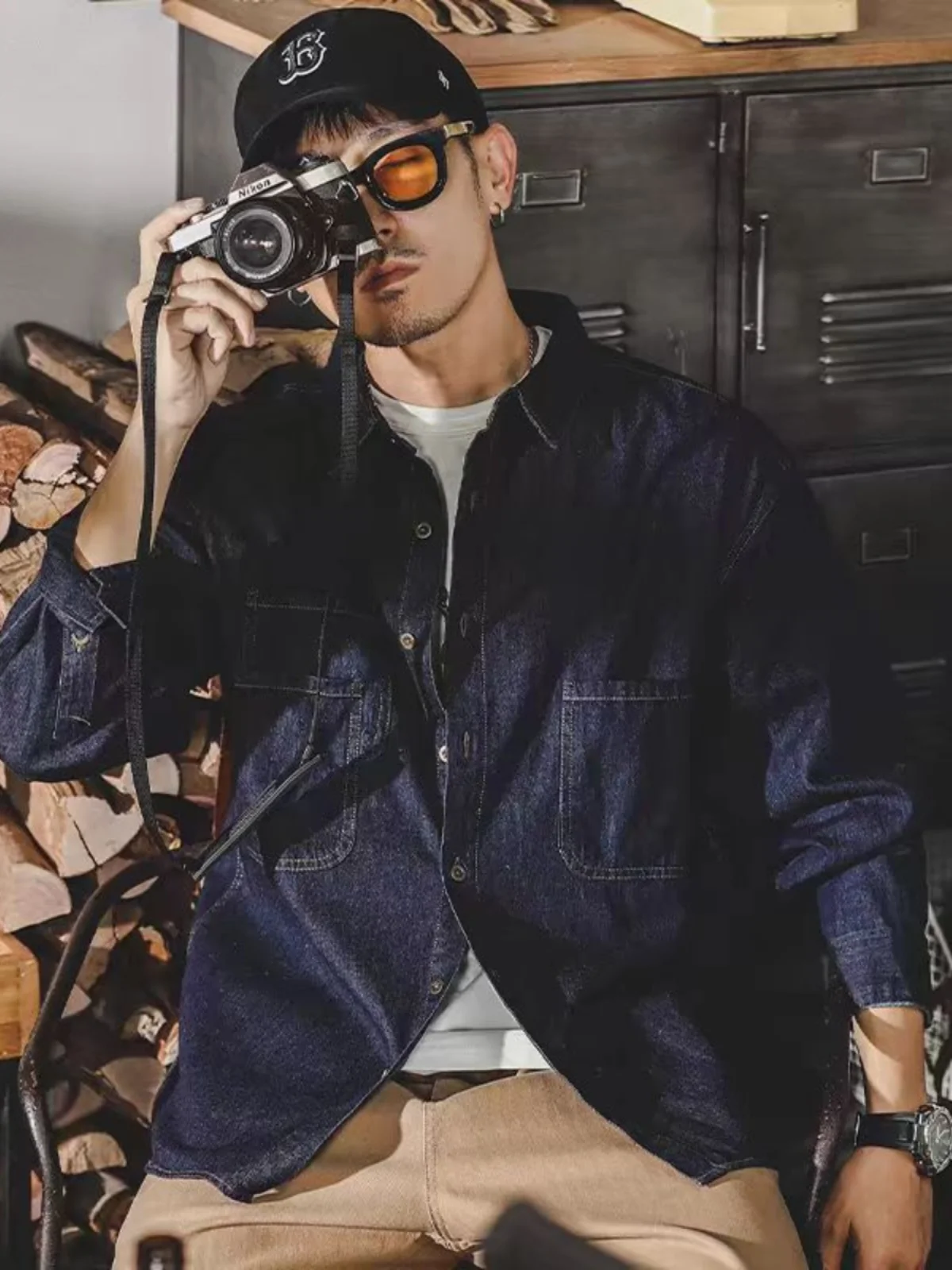 Jaqueta jeans retrô americana masculina manga comprida solta ajuste camisa casual primavera outono tendência da moda