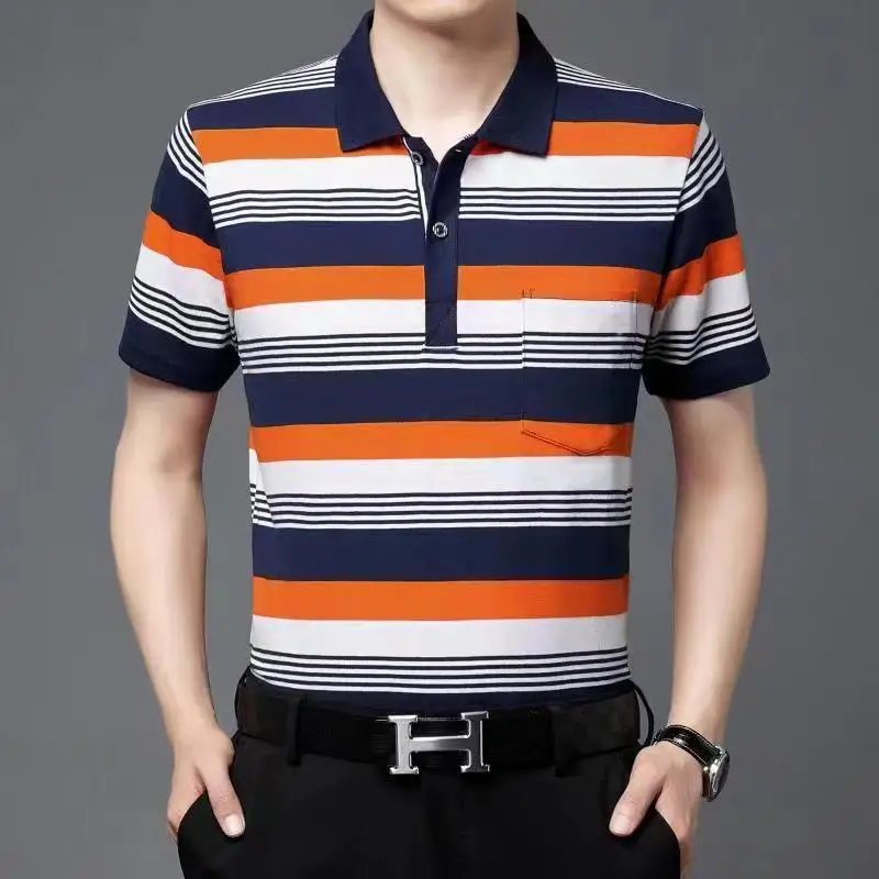 Fashion Men Summer Casual Striped Polo Shirts Streetwear Basic Business Male Clothes Quick Dry Cotton Loose Short Sleeve Tops