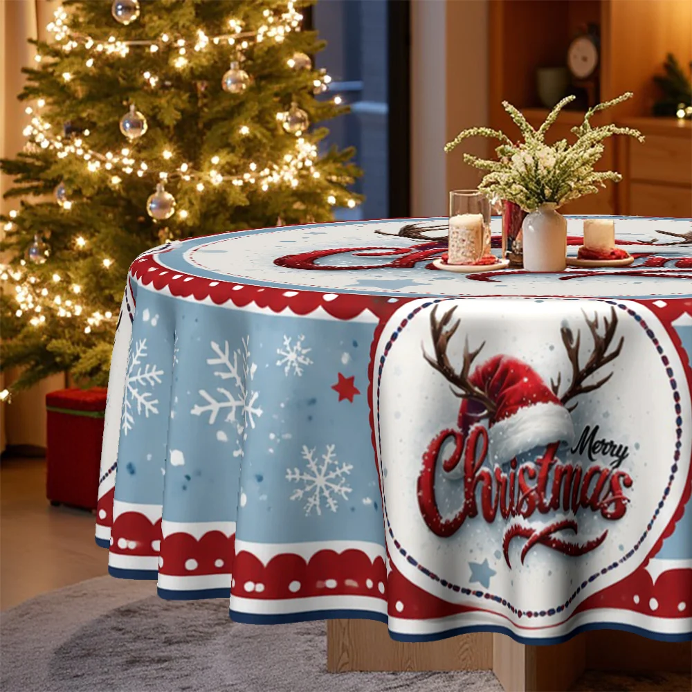 1 tablecloth, Christmas-themed, reindeer antlers with Christmas hat pattern tablecloth, suitable for home kitchens