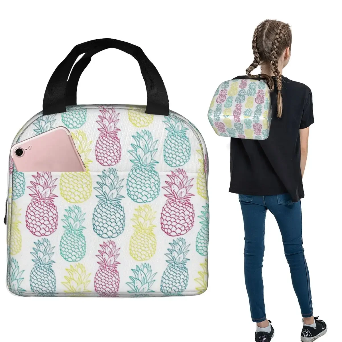 Colorful Tropical Pineapple Pattern Insulated Lunch Bag for Women Kids Portable Food Boxes Thermal Lunch Box Tote