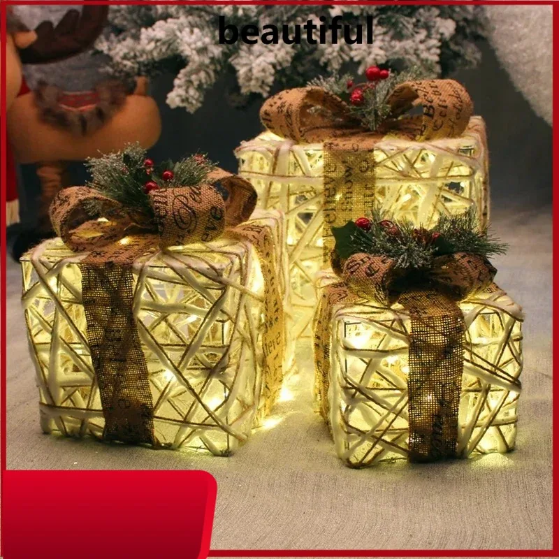 

Christmas decoration gift box wrought iron luminous gift box three-piece set shopping Christmas tree scene stacking ornament H
