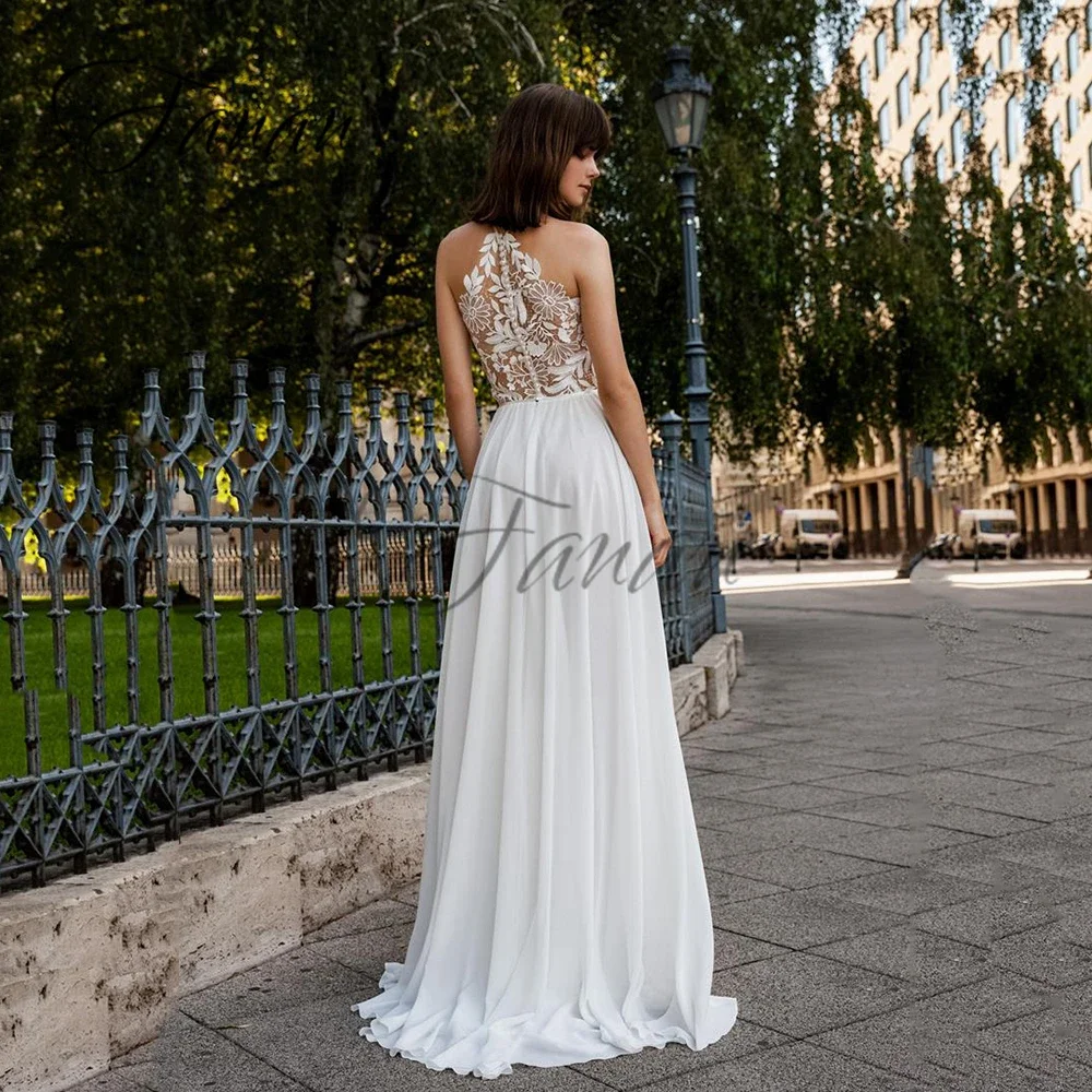 Customized O-Neck Lace Front High Split Wedding Dresses Boho Sleeveless Chiffon See-Through Bridal Gown vestidos de novia robe  