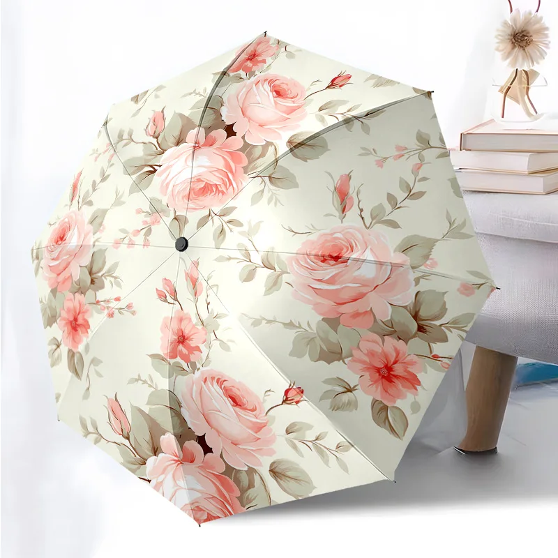 

Складной зонт с цветочной тематикой, модный, с автоматическим открытием, 8, железные ребра, пластиковая ручка, складной солнцезащитный козырек, идеальные рождественские подарки