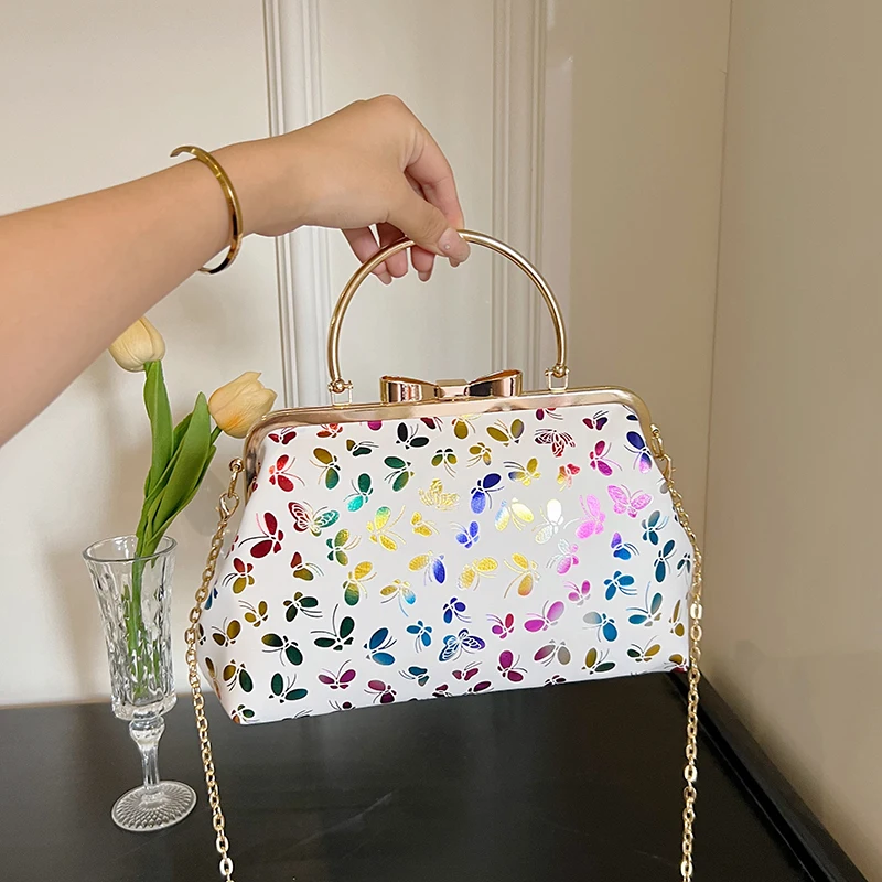 New Women's Embroidered Crossbody Bags Small Metal Top Handle Purse with Adjustable Chain Shoulder Strap Casual Elegant Handbags