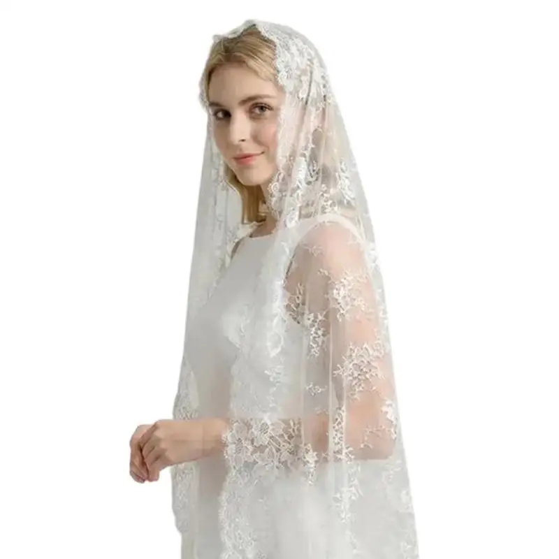 A52E Elegant Lace Wedding Veil With Fine Detailing Mantilla Head Veil Scarf For Bride And Wedding Ceremony Photoshoots