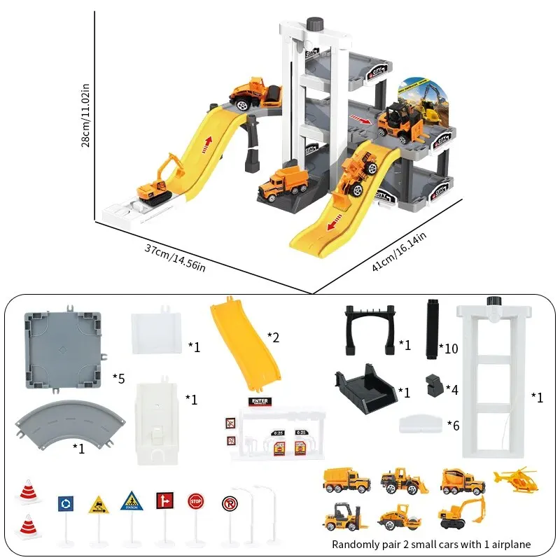 Engineering Parking Toys Multifunctional Scene Storage Parking Lot with 2 Cars +1 Aircraft Die-Cast Car Toy Set Birthday Gift