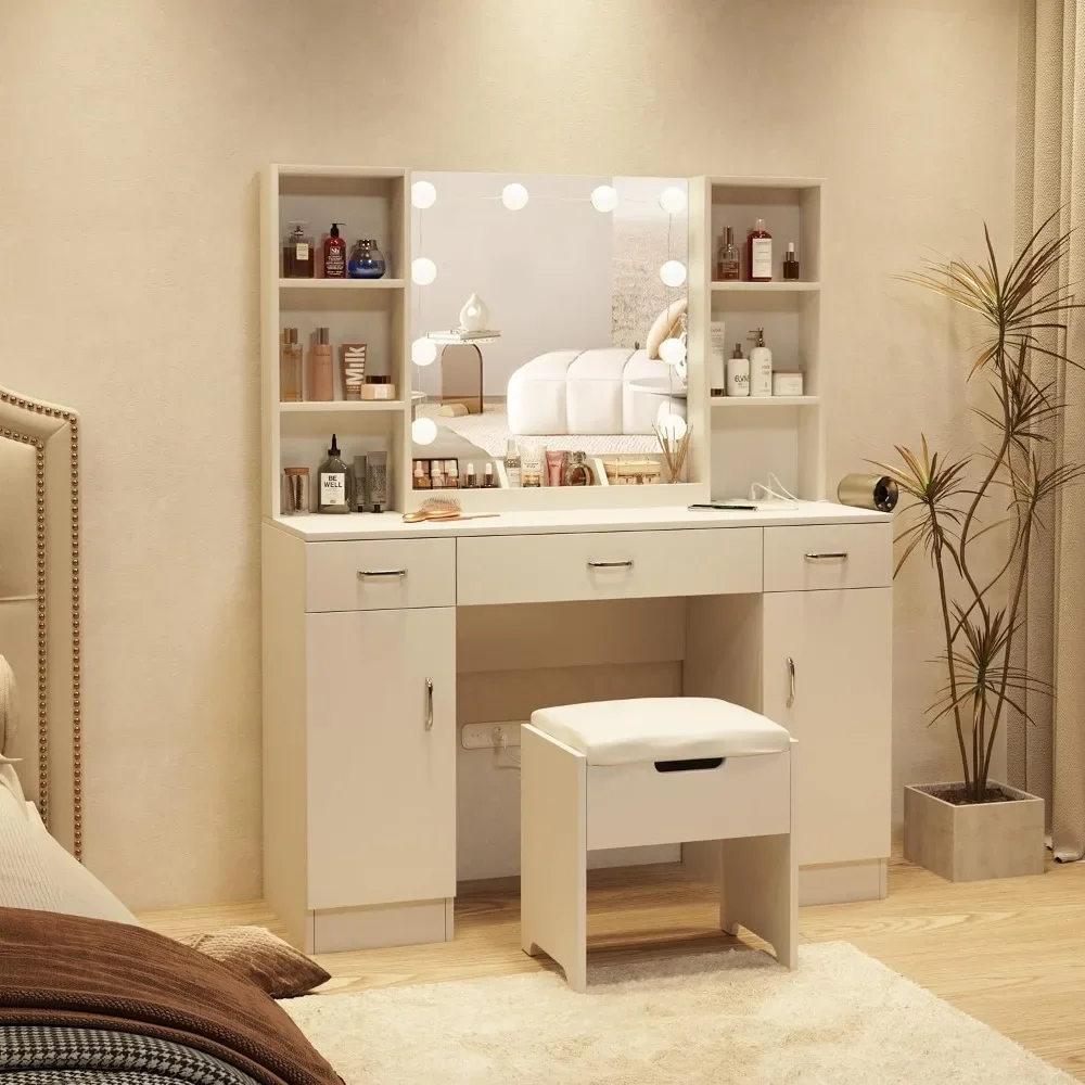 Makeup Vanity Table with Lighted Mirror & Outlets, Large Vanity Set Vanity Desk with Lots Storage, 3 Lighting Modes, Brightness
