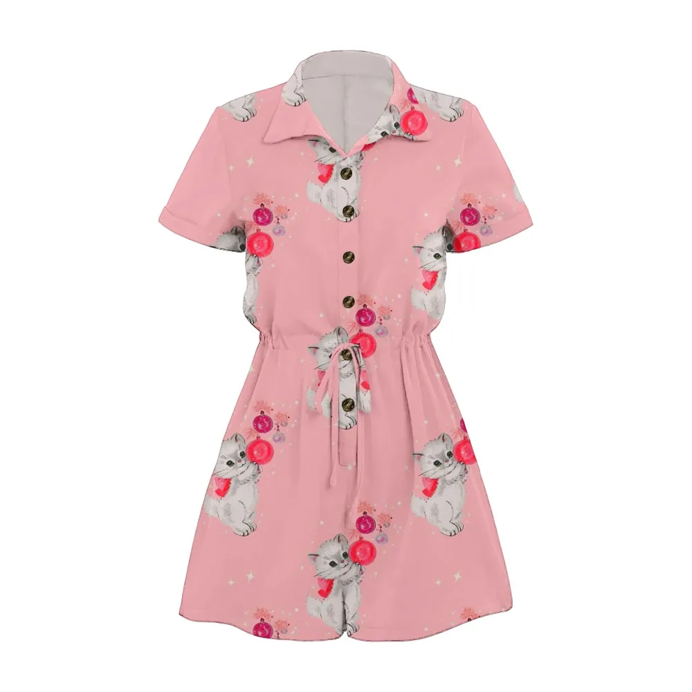 

Kawaii Cat Print Romper for Women Pink Short Sleeve Collared Jumpsuit Drawstring Waist Trendy Summer Outfit 100% Cotton Wear