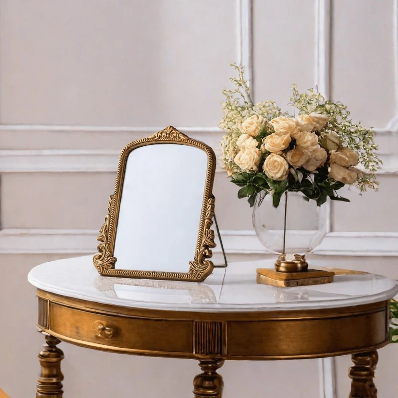 Vintage French Baroque Ornate Wall Mirror Arched Gold Wooden Frame Tabletop Vanity Mirror for Living Room Bedroom Decor