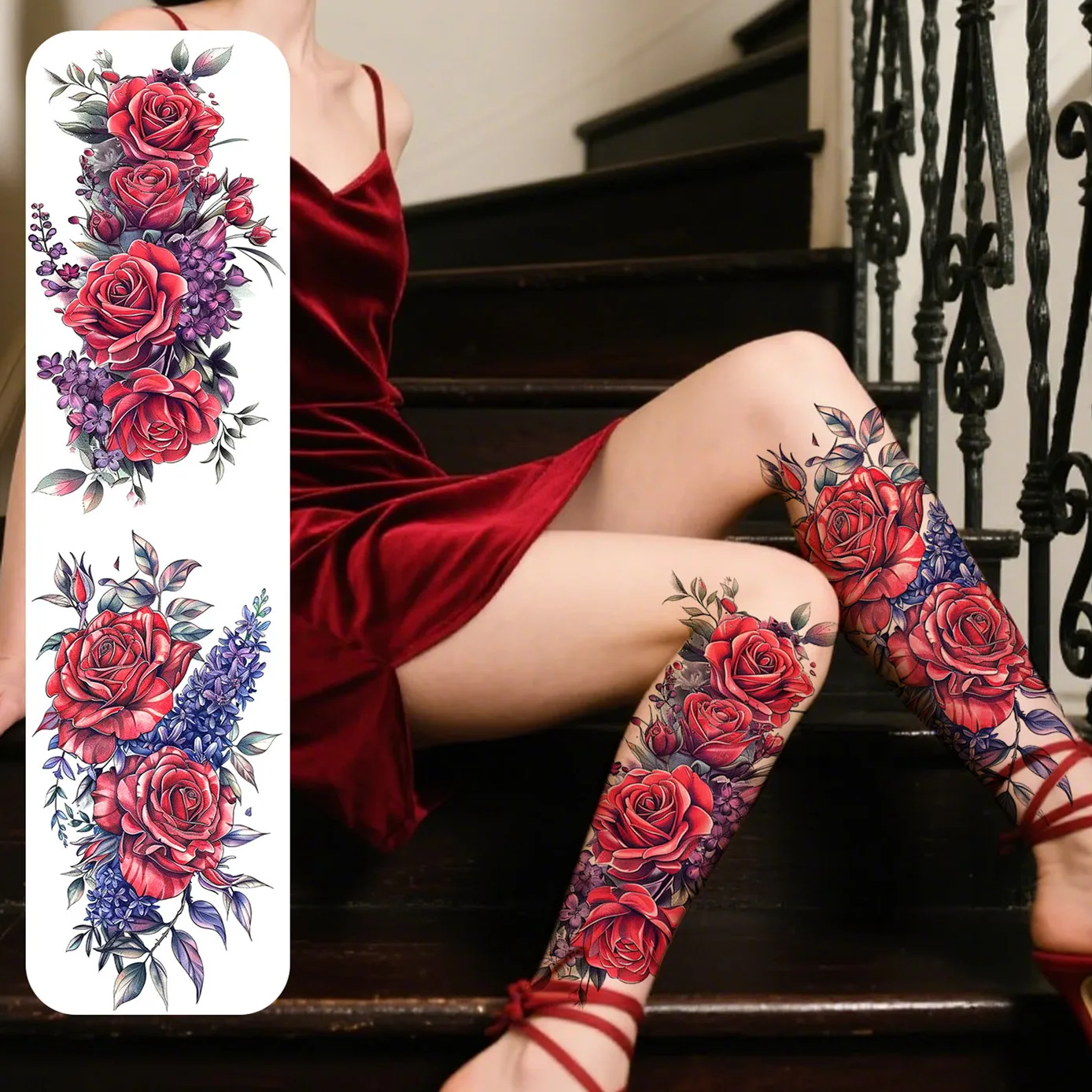 2pcs Red Purple Flower Temporary Tattoo Stickers for Women, Waterproof & Long Lasting Fake Tattoo for Arm, Leg & Chest