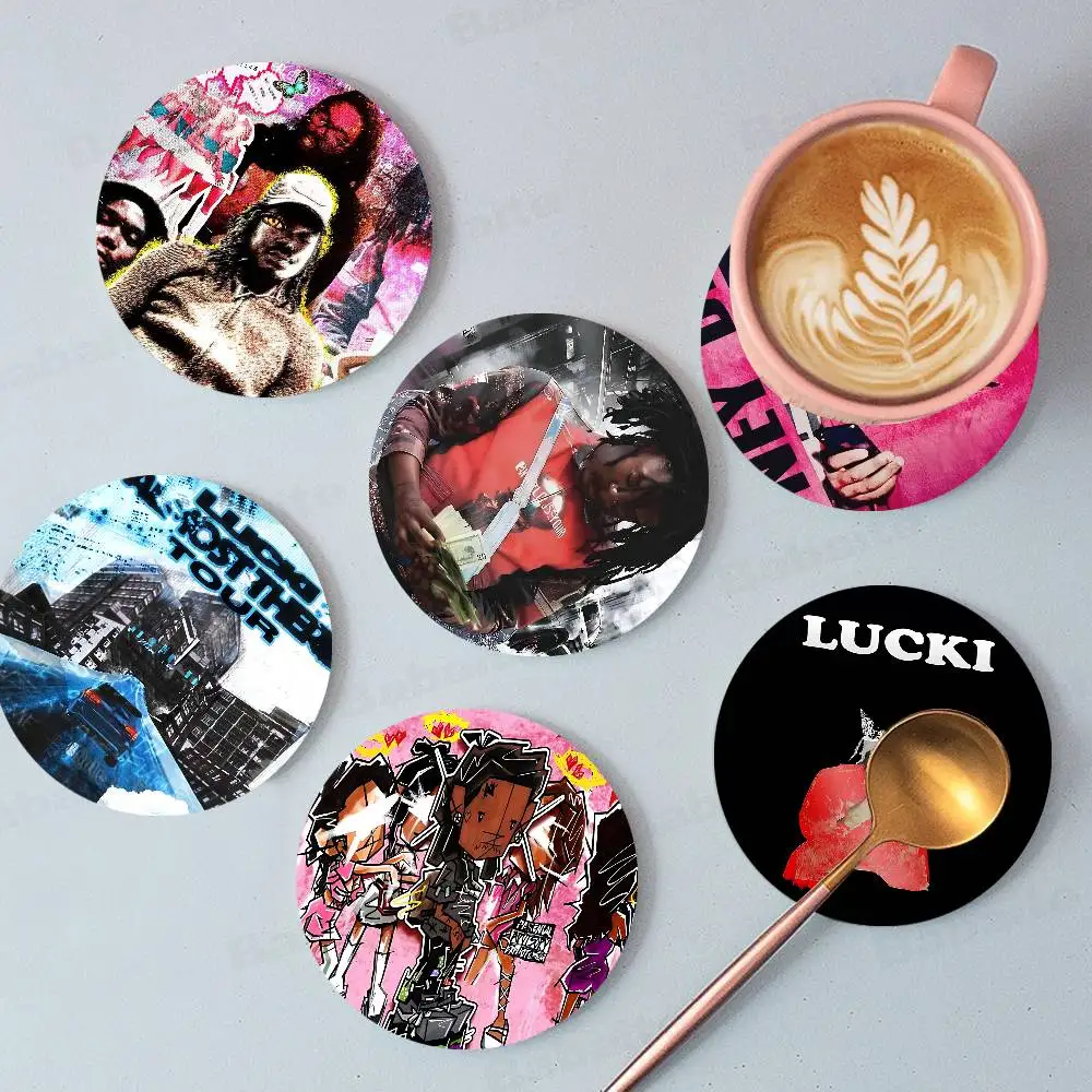 L-Lucki Rapper Themed Wooden Coaster Creative Heat-Resistant Non-Slip Table Mat, Suitable for Protecting Desktop