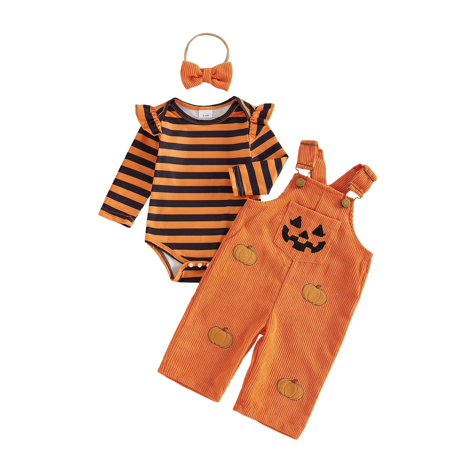 Toddler Girl Halloween Outfit Stripe Romper Embroidery Overalls Headband