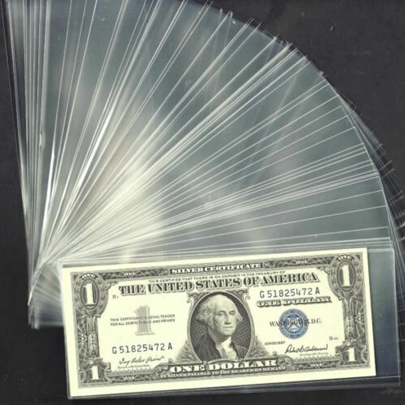 100 Count Clear Plastic Currency Sleeves in Protective Box for Organizing and Preserving Paper Money Collections