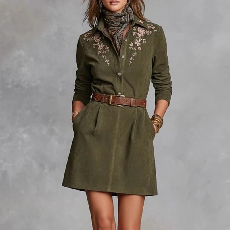 Herbst Y2K Damen bestickte Wildleder Hemdkleider Partykleid Vintage Western Cowboy Kleidung lose lässige Streetwear mit Gürtel