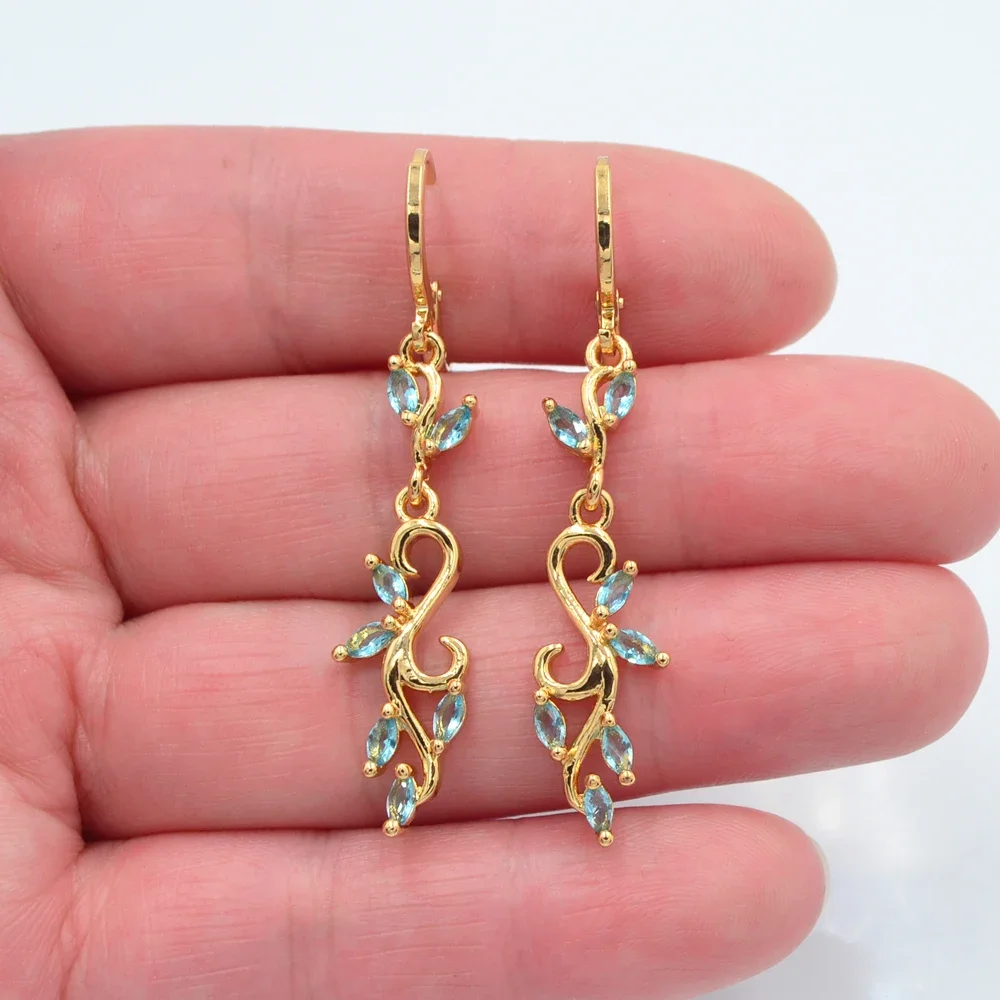 Gold Color Women Lake Blue Cubic Zirconia CZ Artistic Aesthetic Earrings Jewelry