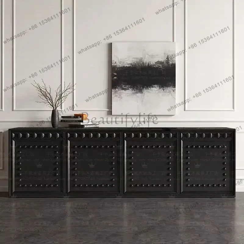 retro light luxury solid wood rivet decorative TV cabinet black four-door locker