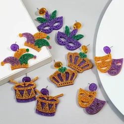 2024 Trendy Glitter Acrylic Mask Crown Drop Earring for Women Creative Resin Purple Mardi Gras Carnival Earrings Party Jewelry