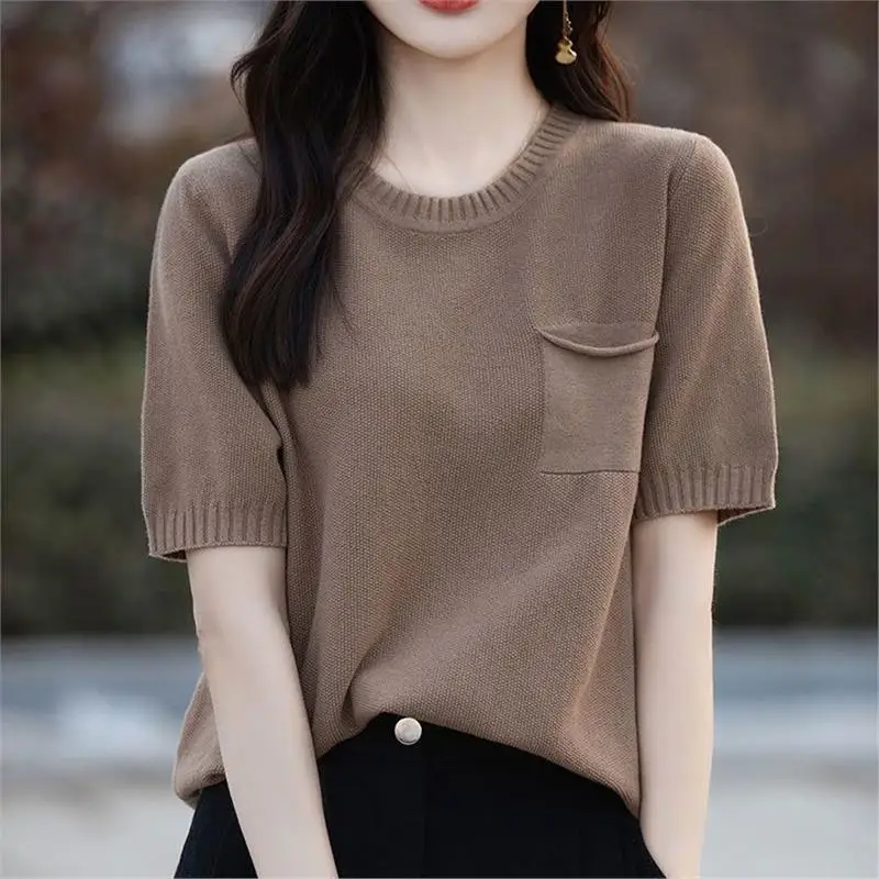 

Slimming Loose ort Sve round Ne Knitted T-irt Women's Summer Thin Fake ket Top Breathable Comfortable Casual Faion