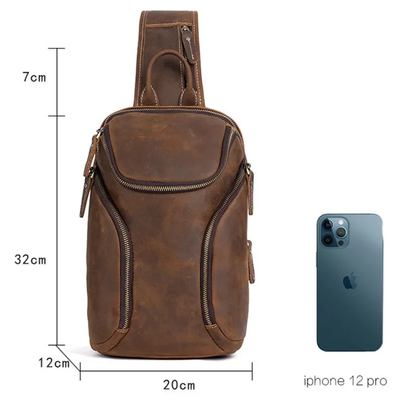 Men's Retro Genuine Leather Top Layer Cowhide Shoulder Bags Waterproof Crossbody Travel Chest Sling Bag Messenger Pack for Male