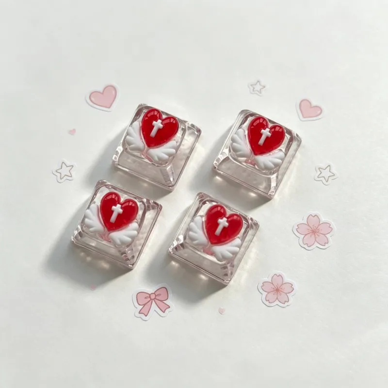 Cute Love Angel Keycaps Custom PBT RGB 4pcs PinkTranslucent Point Key Caps Original Design Personal Backlit DIY MX Key Cap