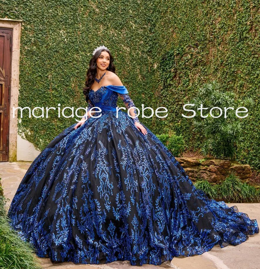 Navy Blue Princess Quinceanera Dresses Long Sleeve Off Shoulder Gillter Applique Lace-up Corset vestidos 15 años quinceañera