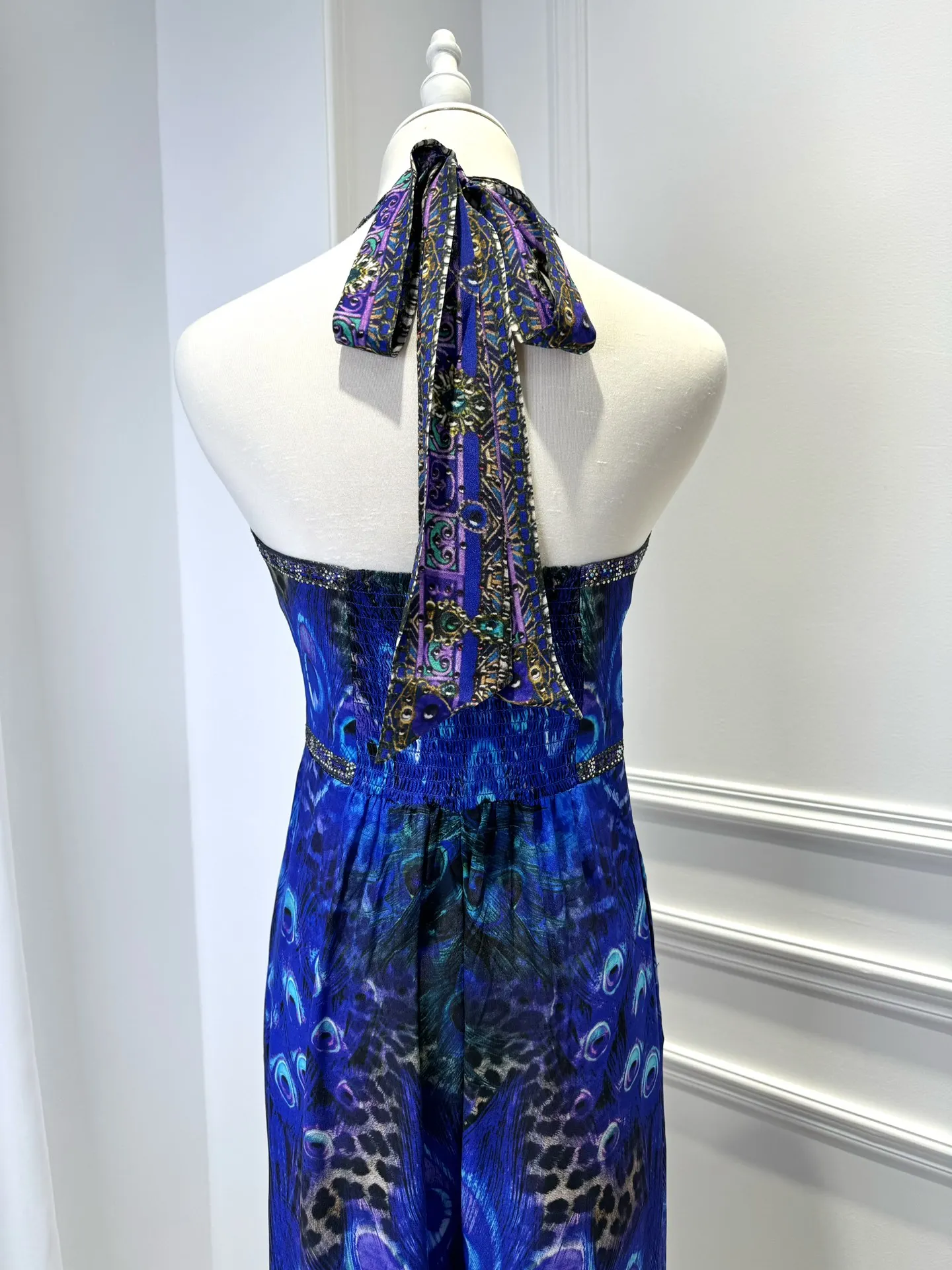 Women's Peacock and Leopard Printed Crystal Beaded Halter V-Neck Sleeveless Jumpsuits