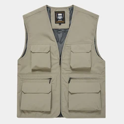 FGKKS Brand Men's Fashion Vest Solid Color Tooling Style Waistcoat Thin Multi-Pocket Casual Loose Vest for Men