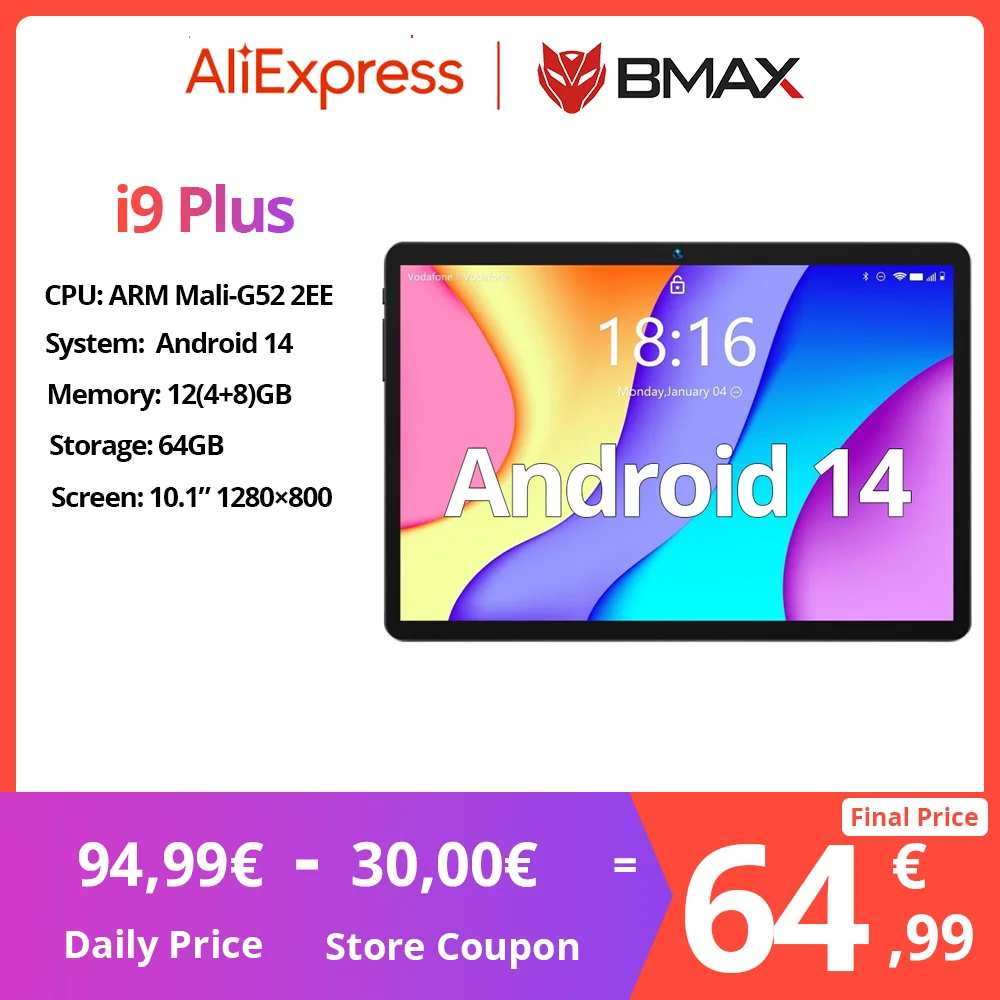 BMAX MaxPad I9 Plus Android 14 GPU G522EE 12(4+8)GB RAM 64GB ROM 10.1 Inch Rockchip RK3562 Quad Core Type-c Port Tablets PC