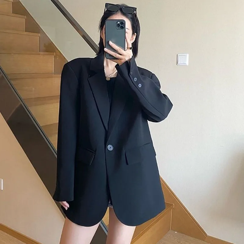 Lucyever Korean Style Loose Black Blazers Ladies Spring Autumn Single Button Casual Suit Coat Woman Vintage Streetwear Clothes